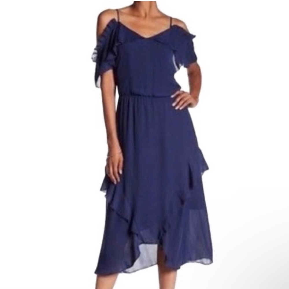 Parker Cold Shoulder Ruffle Navy Midi Dress Size 0